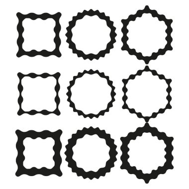 Tırtıklı çerçeve koleksiyonu. Tırtıklı kenar şekilleri. Dekoratif sınır vektörü. Süslü çizgi sanatı. EPS 10.