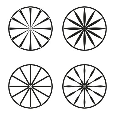 Radyal çember desenleri. Soyut dönüş formları. Geometrik güneş patlaması vektörü. Dekoratif tekerlek grafiği. EPS 10.