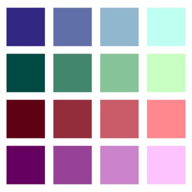 Renkli palet örnekleri. Kare örnek ızgarası. Boya seçim tablosu. Vektör renk rehberi. EPS 10.