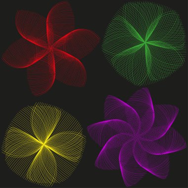 Renkli fırıldak simgesi. Canlı çiçekli girdap. Neon Çiçek Vektörü. Karanlık zemin. EPS 10.