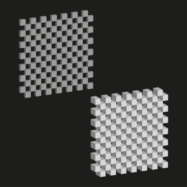 Yarı kare ikilisi. Noktalı piksel blokları. Optik illüzyon Vektörü. Siyah negatif amblem. EPS 10.
