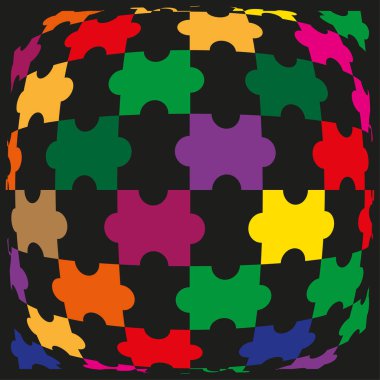 Yuvarlak bulmaca küresi. Canlı artı gezegen. Warp deseni vektörü. Kara baloncuk mozaiği. EPS 10.