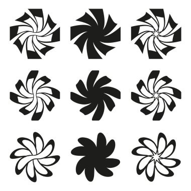 Dönen geometrik şekiller. Soyut çiçek simgeleri. Dinamik dairesel desenler. Vektör modern semboller. EPS 10.