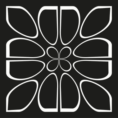 Kalın taç yaprağı motifi. Beyaz geometrik çiçek. Simetrik Vektör amblemi. Kontrast karanlık tuval. EPS 10.