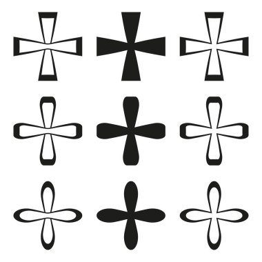 Konik haç simgesi. Cesur kol silueti. Siyah beyaz varyasyonu. Vektör amblemi. EPS 10.