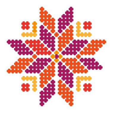 İşlemeli yıldız deseni. Halk süsü tasarımı. Renkli pikseller. Geleneksel vektör motifi. EPS 10.