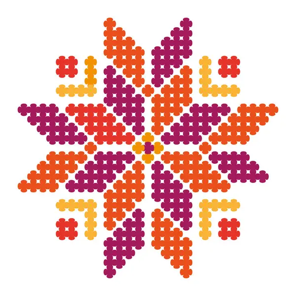 İşlemeli yıldız deseni. Halk süsü tasarımı. Renkli pikseller. Geleneksel vektör motifi. EPS 10.