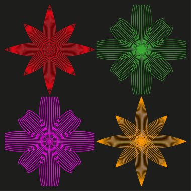 Geometrik yıldız şekilleri. Canlı renk kalıpları. Soyut Vektör elementleri. Çeşitli süs koleksiyonları. EPS 10.