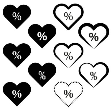 Kalp ikonu koleksiyonu. Vektör yüzde işareti. İndirim levhası. İndirimli çıkartma amblemi. EPS 10.