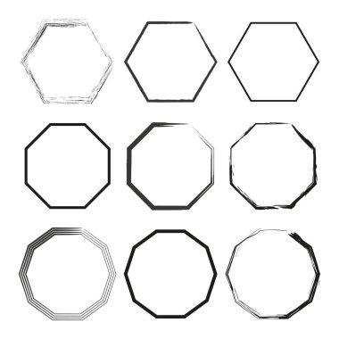 Altıgen şekiller ayarlayın. Çokgen çerçeve koleksiyonu. Geometrik çevre elementleri. Vektör hattı sanatı. EPS 10.