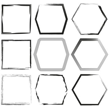 Geometrik çerçeve seti. Altıgen şekilli kare. Soyut sınır vektörü. Grunge taslak koleksiyonu. EPS 10.
