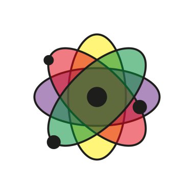 Atomik yapı simgesi. Parçacık çekirdeği elementi. Bilimsel Vektör amblemi. Renkli yörünge çizimi. EPS 10.