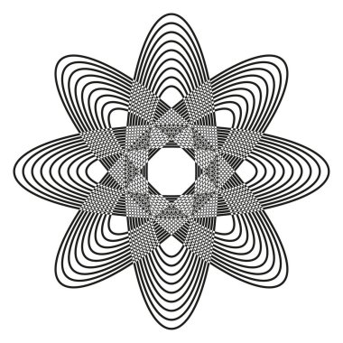 Eşmerkezli çiçek sembolü. Dairesel çiçek tasarımı. Geometrik çizgi sanatı. Vektör mandala çizimi. EPS 10.