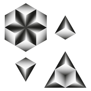 Üç boyutlu geometrik şekiller. Soyut ışık deseni. Volumetrik çokgen vektörü. Minimalist tasarım çizimi. EPS 10.