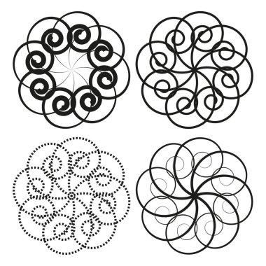 Tek renkli soyut desenler. Spiral girdap elementleri. Geometrik yuvarlak tasarımlar. Vektör süsü koleksiyonu. EPS 10.
