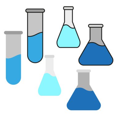 Laboratuvar cam deney şişeleri. Tıp bilimi şişesi. Kimyasal sıvı çözeltileri. Vektör araştırma ekipmanları. EPS 10.