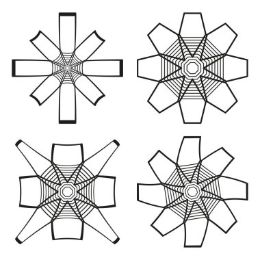 Soyut geometrik şekiller. Dekoratif yıldız seti. Simetrik süs taşıyıcısı. Modern tasarım elementleri EPS 10.