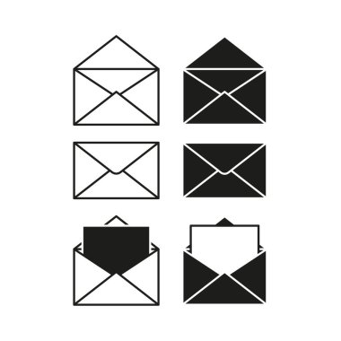 Envelope icon pack. Mail message symbol. Open closed letters. Vector black outline. EPS 10.