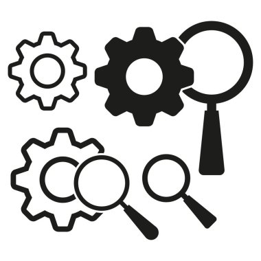 Gear and magnifier icons. Engineering search tools. Industrial analysis symbols. Vector business solution. EPS 10.