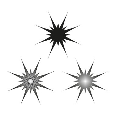 Üç yıldız patlaması şekli. Patlayan kıvılcım elementi. Metalik gri yansıma. Vektör dinamik sembolü. EPS 10.
