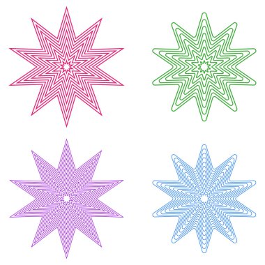 Soyut çiçek şekilleri. Yıldız yaprağı deseni. Renkli çizgi vektörü. Dekoratif geometrik çizim. EPS 10.