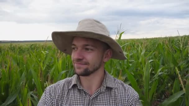 Point Vue Visage Masculin Travailleur Souriant Allant Parmi Plantation Maïs — Video