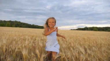 Buğday tarlasında kameraya koşan uzun sarı saçlı güzel mutlu kız. Arpa çayırında koşan gülümseyen küçük çocuk. Tatlı çocuk Golden Plantation 'da vakit geçiriyor. Yavaş çekim.
