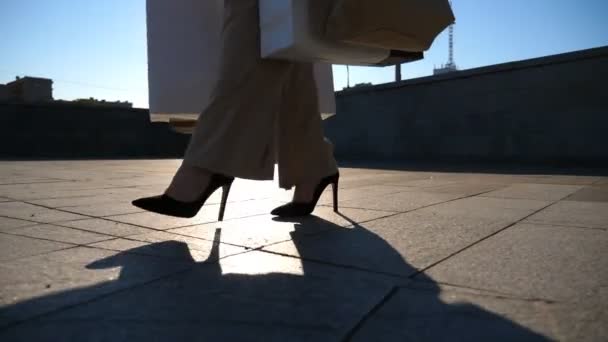 Молодая Женщина Клиент Держит Сумки Прогулки Площади После Покупок Модная — стоковое видео