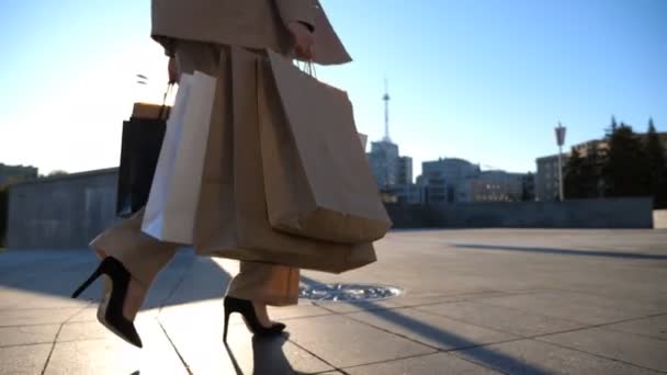 여자는 물건을 다음에 보도를 걸어다니는 쇼핑백을 정장을 여성은 거리를 오가는 — 비디오