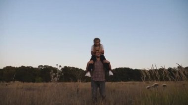Mutlu baba, çim tarlasında omuzlarında oturan tatlı küçük kızıyla yürüyor. Genç baba, küçük çocuğuna bir şey işaret ediyor. Aile akşam karanlığında Meadow 'da birlikte vakit geçiriyor. Kapat.