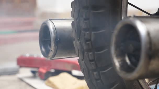 Close Old Motorbike Exhaust Pipe Releasing Fumes Air Slow Motion — Stock Video