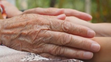 Genç kadın elini tutan yaşlı kadın. Torunumla büyükannem birlikte vakit geçiriyorlar. Şefkatli ve sevgi dolu bir kavram. Yan Görünümü Kapat Yavaş Çekim.