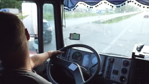 Driver Holds Hand Steering Wheel Driving Lorry Trucker Riding Car — Vídeo de Stock