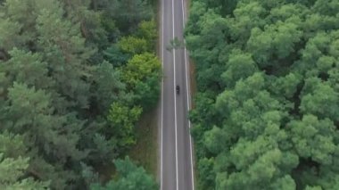 Orman yolunda motosiklet süren motorcuya havadan çekilmiş bir fotoğraf. Motosikletli biri Green Wood 'da kır yolunda motosikletiyle yarışıyor. Yolculuk sırasında bisiklet süren bir adam. Özgürlük ve macera kavramı. Üst görünüm.