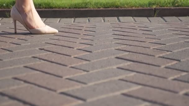 Weibliche Beine Stöckelschuhen Die Städtischen Straßen Spazieren Gehen Füße Einer — Stockvideo