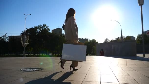Beautiful Young Lady Holds Shopping Bags Going City Square Purchases — Vídeo de stock