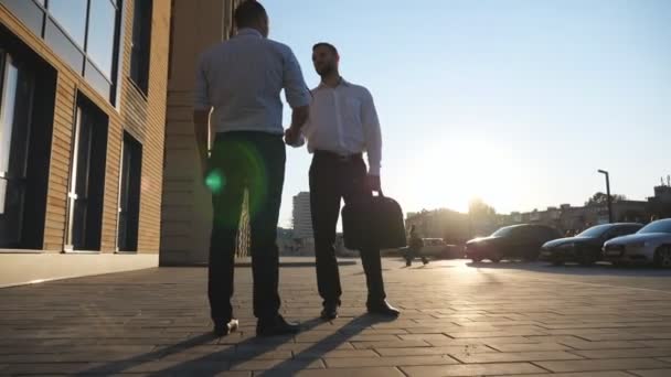 Young Male Managers Meeting City Greeting Each Other Two Successful — Stock Video