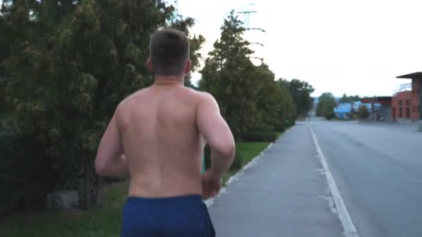 Rear View Young Muscular Sportsman Jogging Sidewalk Forest Summer Day — Vídeo de stock