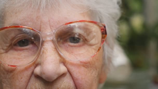 Долли Сняла Старуху Очках Улице Глаза Пожилой Женщины Морщинами Вокруг — стоковое видео