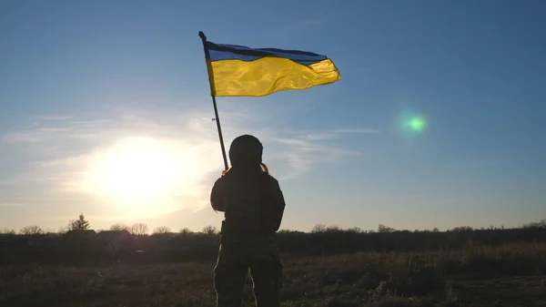 Ukrainische Soldatin Mit Schwenkender Fahne Der Ukraine Frau Militäruniform Und lizenzfreie Stockbilder