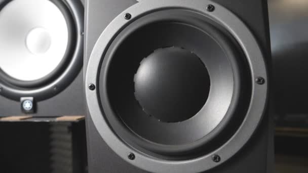 Bílé Černé Reproduktory Pulsující Vibrace Zvuku Nízké Frekvenci Detailní Záběr — Stock video