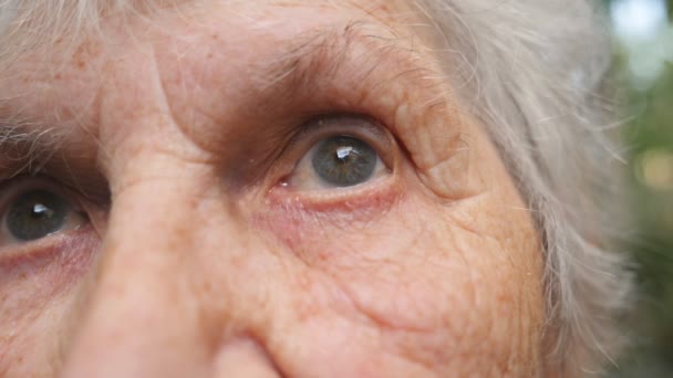 見上げる古い祖母の肖像画 それらの周りのしわを持つ高齢者女性の目を閉じる — ストック動画