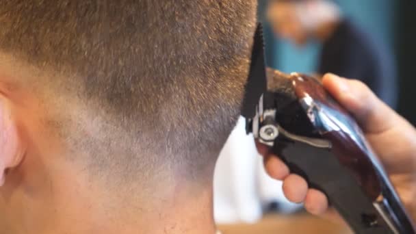 Hands Hairstylist Cutting Hair Neck Guy Electric Razor Barbershop Arms — Wideo stockowe