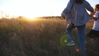 Küçük kızları olan genç ebeveynler gün batımında çim tarlalarında çok renkli uçurtmalarla koşuyorlar. Anne ve baba ve küçük tatlı kız el ele tutuşup yaz otlaklarında koşuyorlar. Arka görünüm