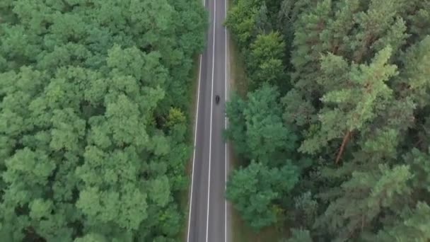 骑摩托车穿过森林路的人 骑摩托车的人在乡间公路上骑摩托车 旅行时骑自行车的家伙 旅途中的自行车手 自由和旅行的概念 空中射击俯瞰 — 图库视频影像
