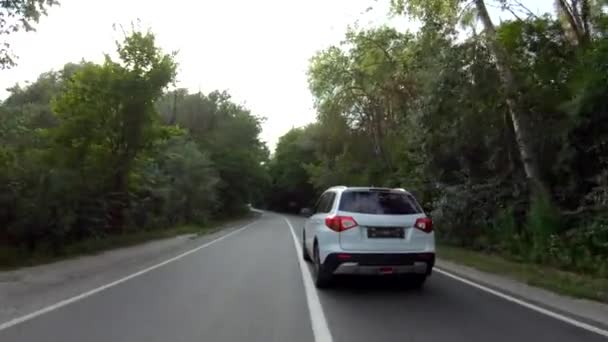 Letecký Záběr Auta Projíždějícího Lesní Venkovskou Cestou Bílé Suv Jedoucí — Stock video