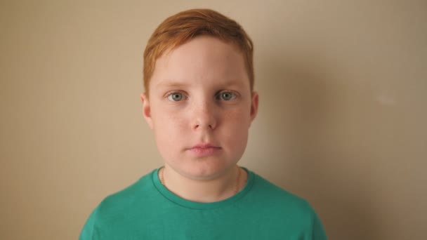 Porträt Eines Kleinen Ernsthaften Rothaarigen Jungen Mit Sommersprossen Drinnen Unglückliches — Stockvideo