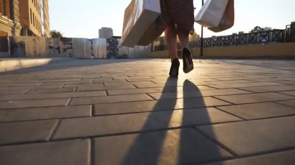 Female Legs Black Shoes High Heels Stepping Sidewalk Girl Going — Vídeos de Stock