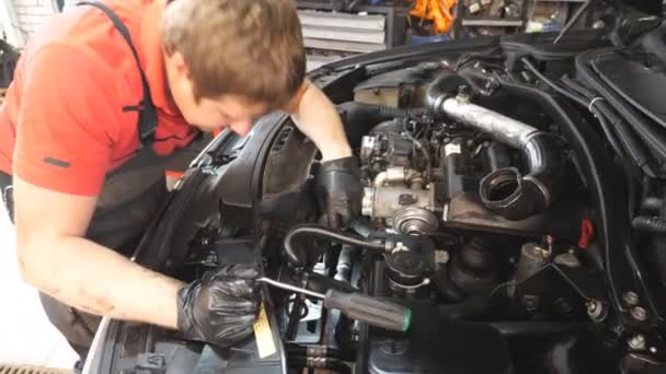 Mechanic Makes Car Maintenance Auto Service Professional Repairman Checking Automobile — Stock Video
