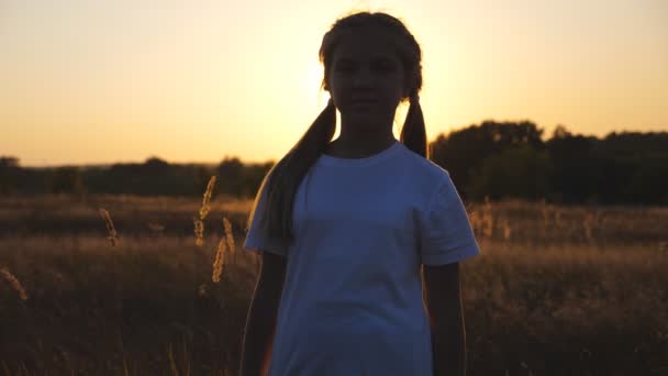 Portrét Malé Usměvavé Dívky Travnatém Poli Západem Slunce Pozadí Šťastné — Stock video